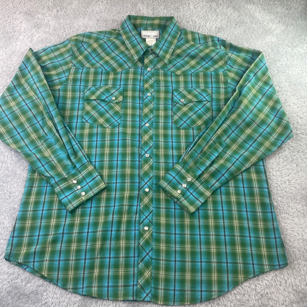 Vintage Wrangler Wrancher Pearl Snap Shirt Mens XL Green Blue Plaid  Western